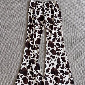 Kids Cow Print Flared Pants - White and Brown